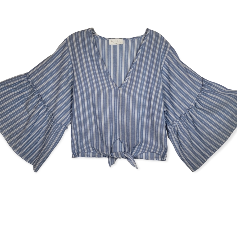 Anthropologie Lavender Field Striped Tie Front Bell Sleeve V-neck Top, EUC, sz S